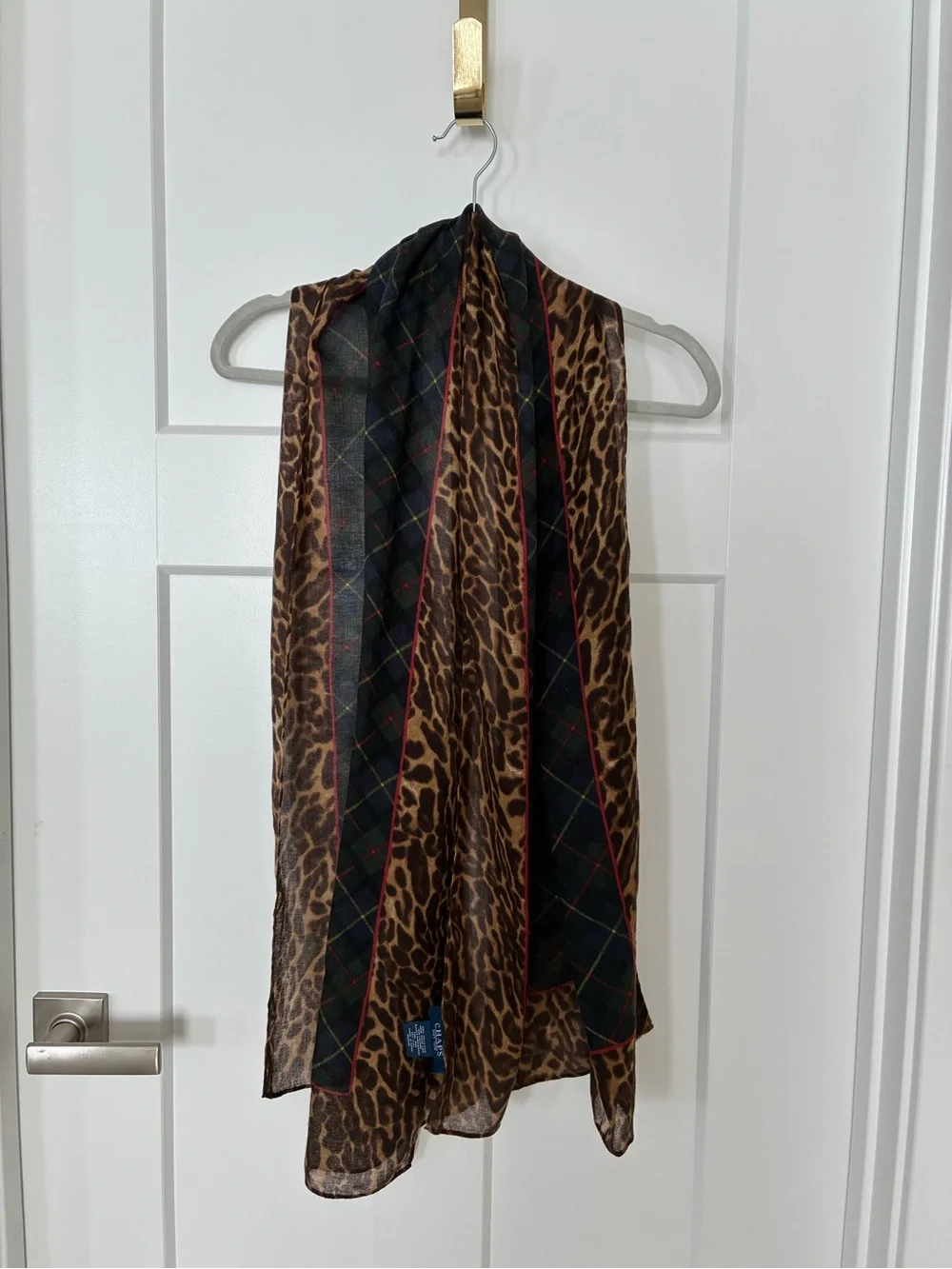 Chaps Woman’s Leopard Print Sheer Scarf with Plaid Trim